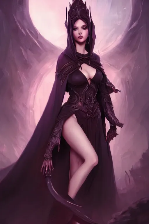 Prompt: Fantasy portrait, Necromancer, female, alluring, beautiful face, dark garments, dark pruple robes, midriff, Black cloak from neck to ankles, pin-up, shapely toned derriere, matte painting, by WLOP, artstation