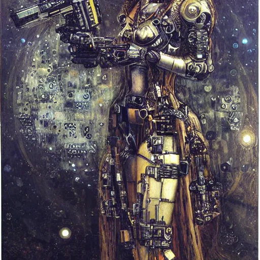 Image similar to cybernetic female supersoldier armed with laser rifle, intricate detail, klimt, royo, whealan,