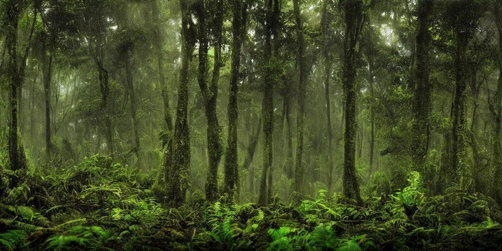 Prompt: ultra wide angle matte painting of a rainy, wet, very green congo forest, majestic!!! beautiful!!!, ethereal!!! ultra realistic, golden hour, volumetric lighting, sharp focus