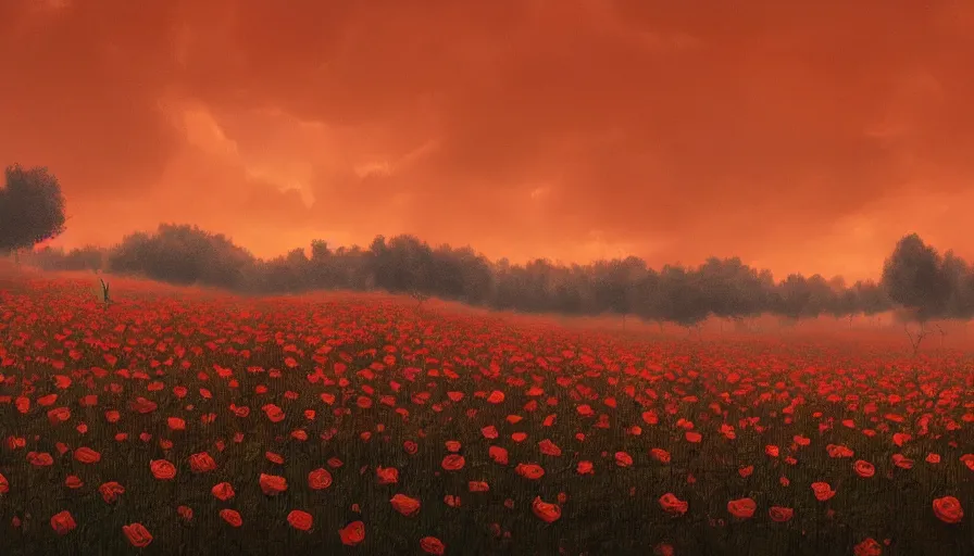 Image similar to field full of red roses, matte painting, art station, orange stormy sky, simon stalenhag