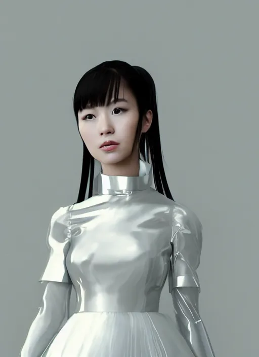 Image similar to an early 0 0's aesthetic digital portrait of a japanese futuristic beautiful girl detailed features wearing a latex wedding dress with a puffy skirt designed by balenciaga artstation, realistic by ichiro tanida and armin vit