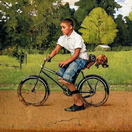 Prompt: A painting in the style of Norman Rockwell of a boy trying to learn to ride a bike. His father is holding the bike to help. The road is lined with tall trees, A farm can be seen in the background. A dog is close by