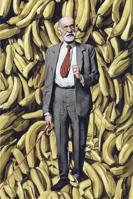 Image similar to portrait of sigmund freud wearing suit coat and tie and skirt made of bananas, doing the hula hoop, by frank mccarthy, by lucian freud