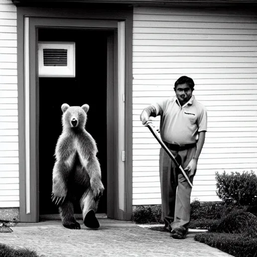 Prompt: A Brown Bear Is a Door to Door Vacuum Cleaner Salesman, Nikon 35mm