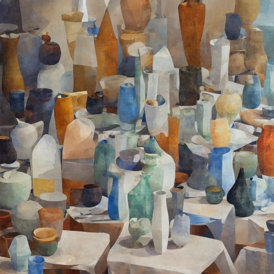 Prompt: beautiful ceramics studio photograph of a ceramics display of tall angular stoneware vase covered with modernist paintings placed on a tablecloth on a wooden table, hyperrealism 8 k trending on artstation