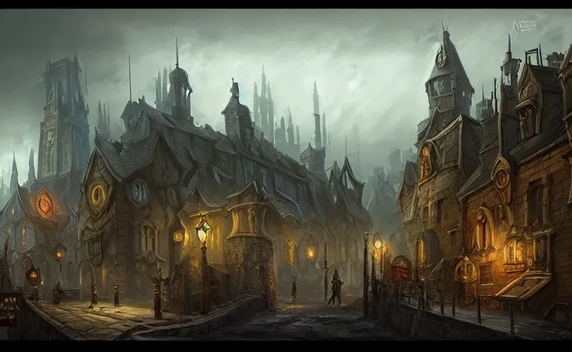 Prompt: extreme long shot concept art depicted old english majestic town, dramatic mood, overcast mood, dark fantasy environment, dieselpunk, art by legends of runeterra and league of legends and arcane, art by tony sart, trending on artstation, unreal engine, golden ratio, spectacular composition
