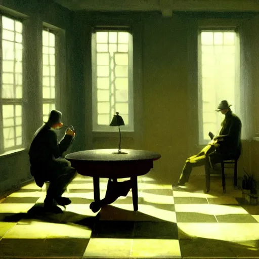 Image similar to covert shadow figures of men in a dark room with a chequered floor conversing around a table in secrecy, moody and atmospheric, dramatic scene, dimly lit room, cgsociety, 8k resolution, trending on artstation, octane render by Quint Buchholz, Pieter Claesz and edward hopper