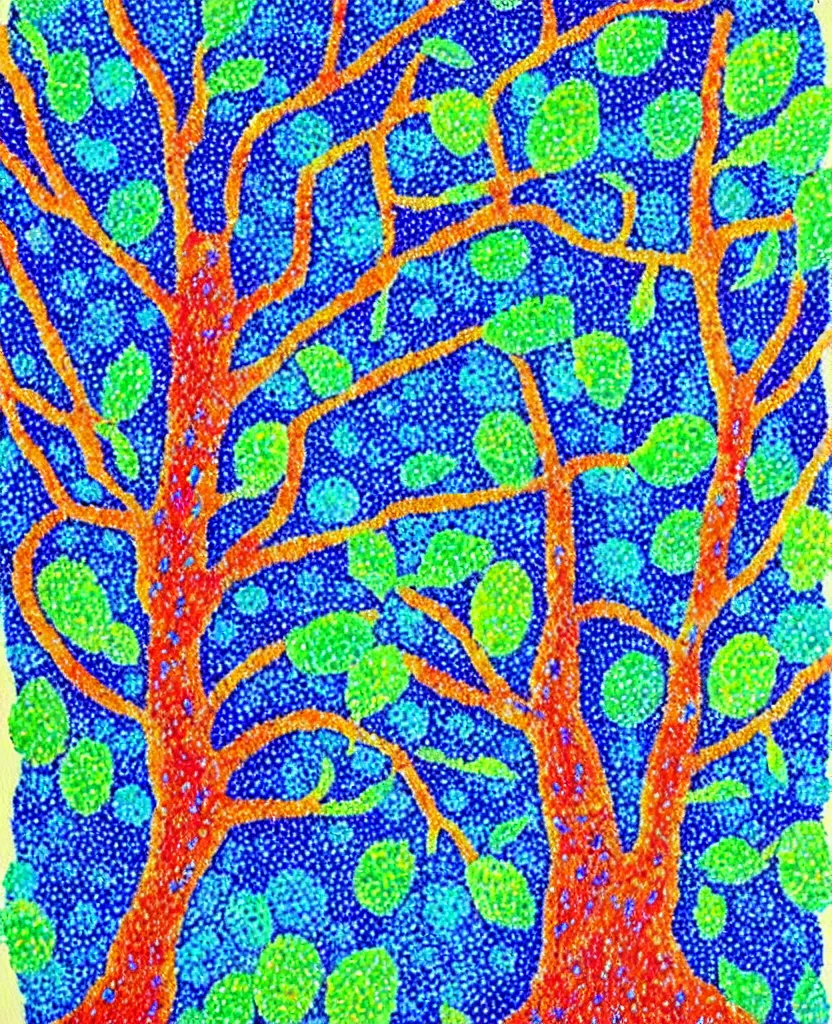 Prompt: a painting of a tree with blue berries on it, a pointillism painting by laurel burch, pinterest contest winner, mail art, vivid colors, whimsical, fauvism