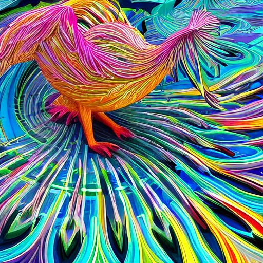 Prompt: A beautiful kinetic sculpture of a large, colorful bird with a long, sweeping tail. The bird is surrounded by swirling lines and geometric shapes in a variety of colors CryEngine by Fang Lijun, by Klaus Wittmann tranquil