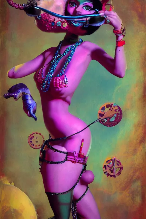 Image similar to An anthropomorphic go-go dancer, random animal, beautiful female, 1920s steampunk psychedelic rave aesthetic. In the style of Ralph Bakshi and Alain Aslan. Oil on canvas, octane render.