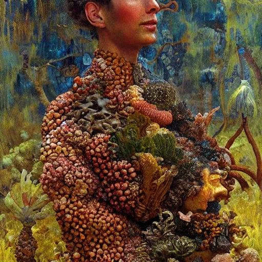 Image similar to a sculpture portrait made of smoke mushrooms and coral reefs and crystals and plants, painting part by wojciech siudmak, part by ilya repin, part by max ernst, part by norman rockwell, artstation