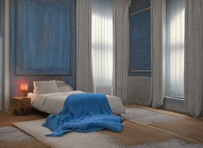 Prompt: A bed with a blue blanket and pillows in a room, a digital rendering by Julian Schnabel, trending on Pinterest, maximalism, rendered in Unreal Engine, Vray tracing