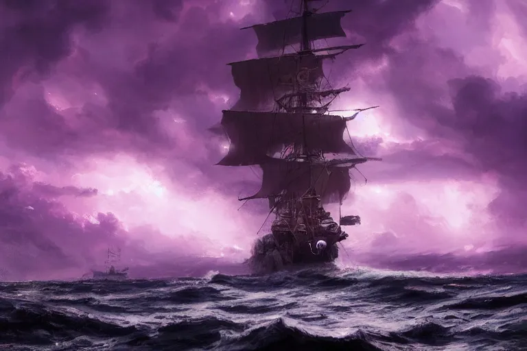 Prompt: a close up large pirate ship in violent stormy waters at night, massive electrical storm clouds in epic purple sky, digital art, cinematic, hd, by greg rutkowski, artstation