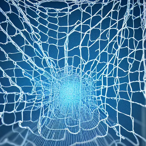Image similar to crystal hung in a fine chain net, crystal shining with an inner blue radiance, realistic, octane render