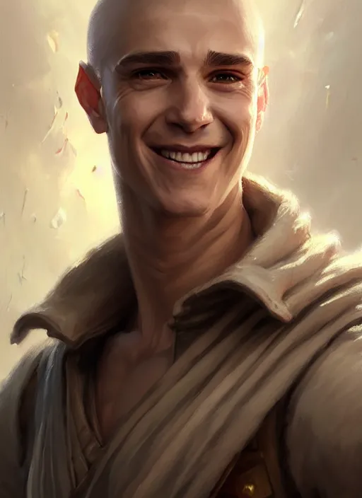 Image similar to a _ fantasy _ style _ portrait _ painting _ of white male short fringe light brown hair short face grinning clean shaven short head, rpg dnd oil _ painting _ unreal _ 5 _ daz. _ rpg _ portrait _ extremely _ detailed _ artgerm _ greg _ rutkowski _ greg