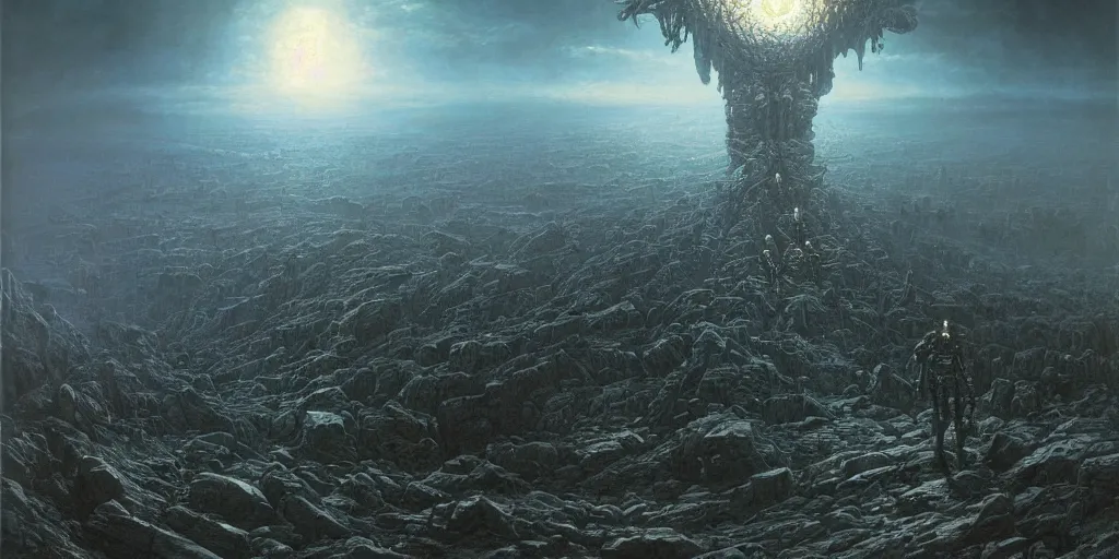 Image similar to destructive overlord robot ai apocalyptic future, futuristic, art by gustave dore, charles mottram, zdizslaw beksinski, victor mikhailovich vasnetsov, 8 k hd, highly detailed, death