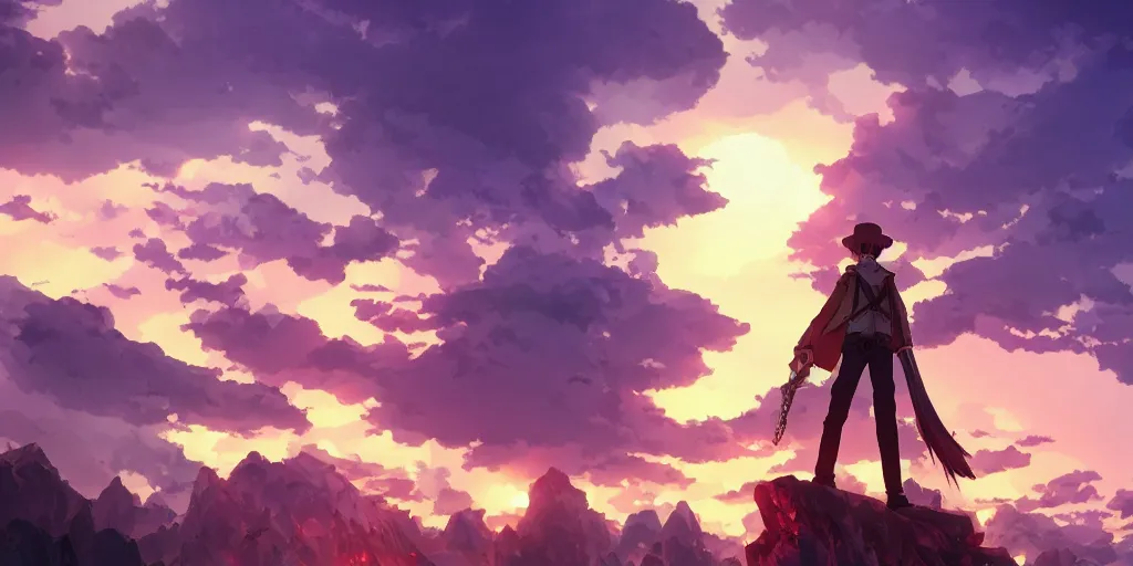 Prompt: isekai masterpiece anime man standing tree log looking up at giant crystals, high noon, cinematic, very warm colors, intense shadows, ominous clouds, anime illustration, anime screenshot composite background