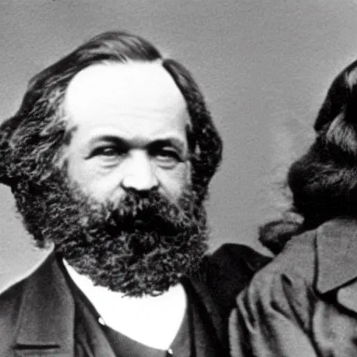 Prompt: Karl Marx and Ayn Rand hugging, photo, 1920