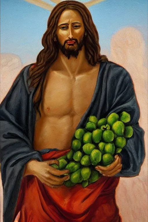 Image similar to painting of jesus christ with blindfold!!!!!! holding cornucopia!!!!!!