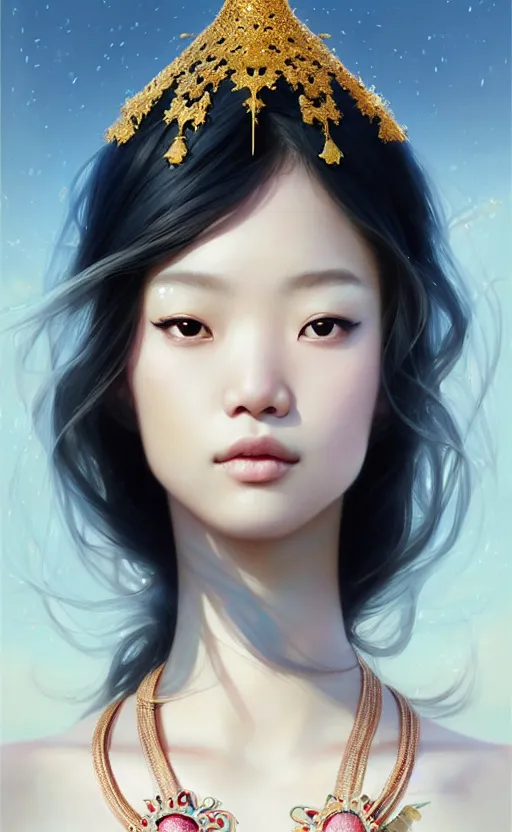 Image similar to a beautiful young charming asian goddess with sundress + jewelry + shinny eyes | | winter, symmetric, realistic shaded, unpleasant face, good looking, fine details, dior, lv, realistic shaded lighting poster by greg rutkowski, macoto takahashi, magali villeneuve, artgerm, jeremy lipkin and michael garmash