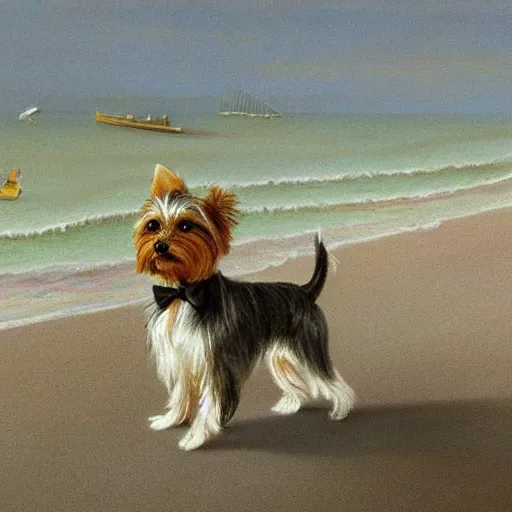 Prompt: a Yorkshire terrier at the beach wearing a bow tie, extremely detailed masterpiece, illustration, by Michael Sowa,