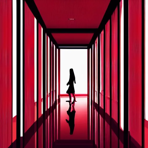 Image similar to a cinematic dramatic digital art of a woman walking through corridor. red