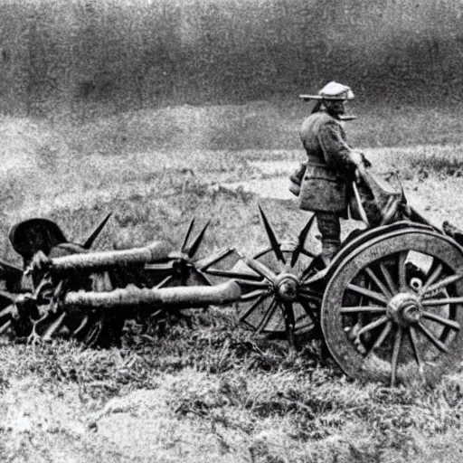Image similar to a picture of a enormous bear pulling a towed artillery gun behind his back like a carriage, eastern front, historical picture