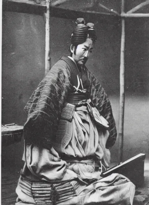 Image similar to old photo of Japanese samurai using a laptop computer