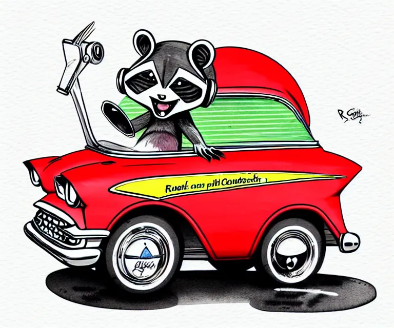 Image similar to cute and funny, racoon wearing a helmet riding in a tiny 1 9 5 7 chevy coupe, ratfink style by ed roth, centered award winning watercolor pen illustration, isometric illustration by chihiro iwasaki, edited by range murata