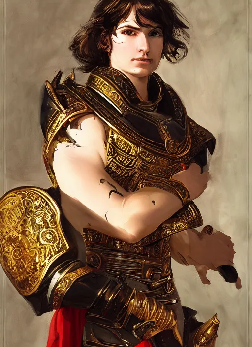 Image similar to portrait of an ancient roman character in incredible rich ornate armor, by ilya kuvshinov, by thomas lawrence, by bayard wu, trending on artstation, masterpiece