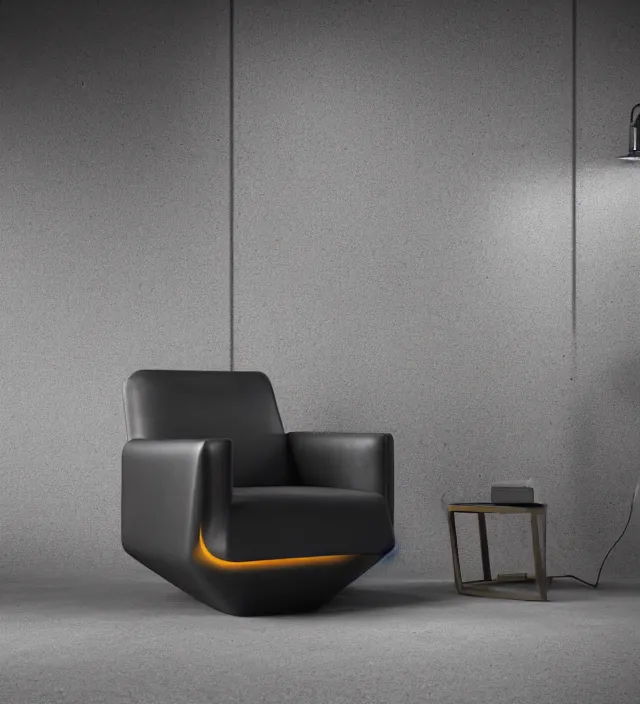 Prompt: a brutalist leather armchair with neon light edges in a dark concrete room, intricate details, octane render
