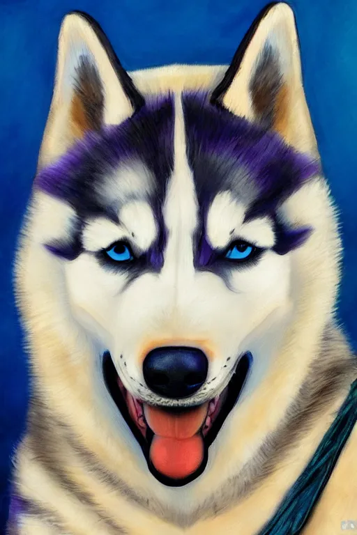 Image similar to a portrait painting of a husky in cowboy costume, character design, anime, humanoid, personify, anthropomorphic