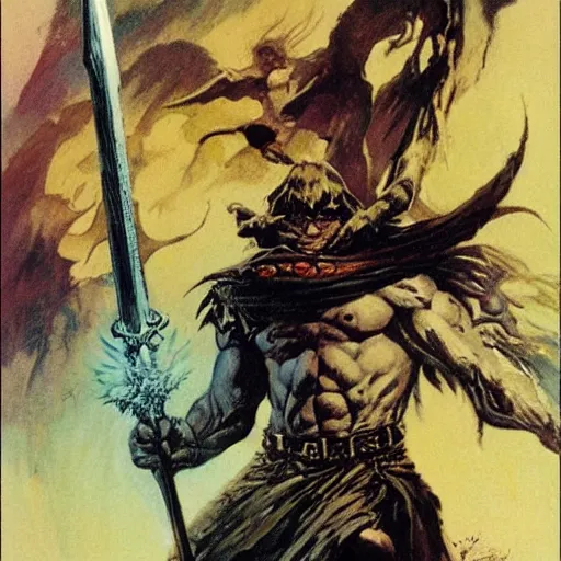 Prompt: wizard wielding the sword of truth by frank frazetta