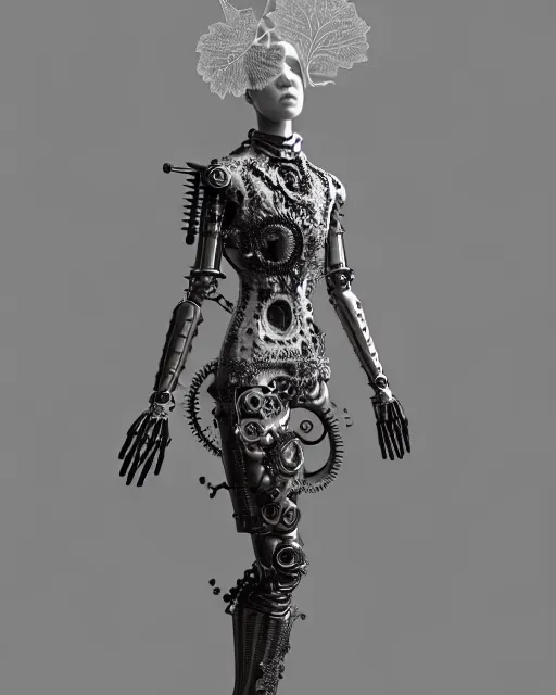 Image similar to monochrome 3 d model, 1 8 7 0 picture, silver mesh floral steampunk biomechanical beautiful young female cyborg with porcelain profile face and a techno eye, volumetric light, leaves foliage and stems, hibiscus flowers, sinuous fine roots, fine foliage lace, alexander mcqueen, rim light, big gothic fashion pearl embroidered collar, octane render, 8 k