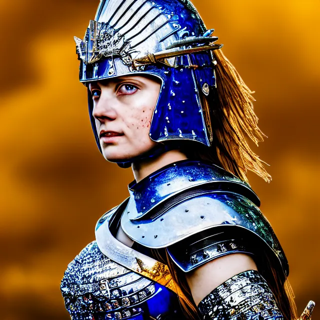 Image similar to photo of a beautiful warrior queen wearing sapphire encrusted armour, highly detailed, 8 k, hdr, smooth, sharp focus, high resolution, award - winning photo