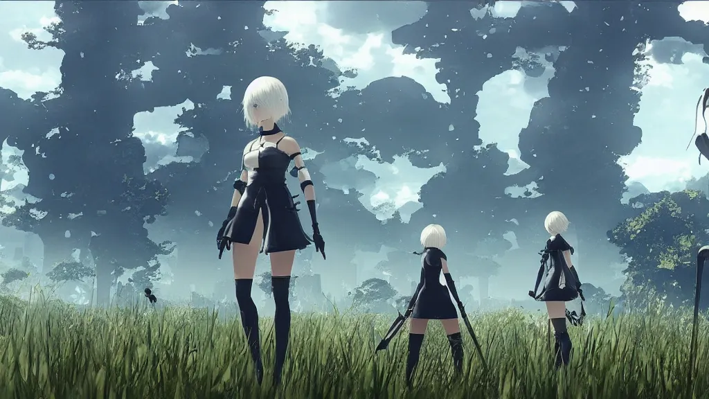 Image similar to beautiful Nier Automata landscape, no characters