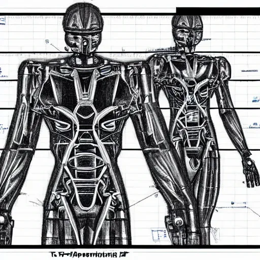 Image similar to T-posing image of a cybernetically augmented human male, monochrome, medium: pencil, technical drawing, blueprints, detailed