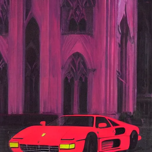 Prompt: a red ferrari testarossa at dark night in front of gothic architecture, pink neon lights by nc wyeth and daniel mumford