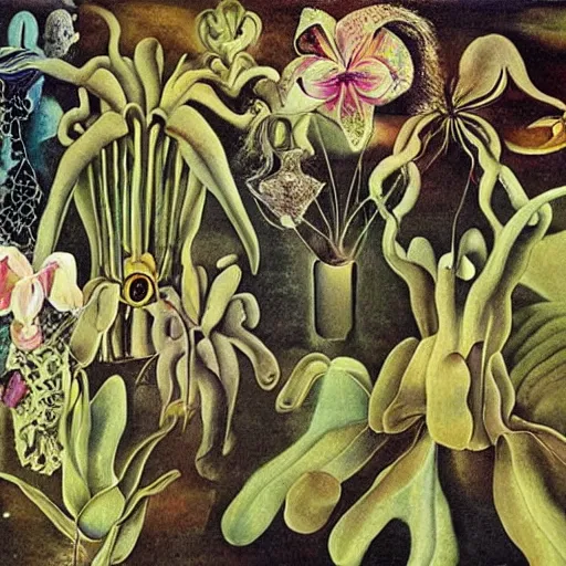 Prompt: infinite space on monestras plants and orchids by cirico, salvador dali