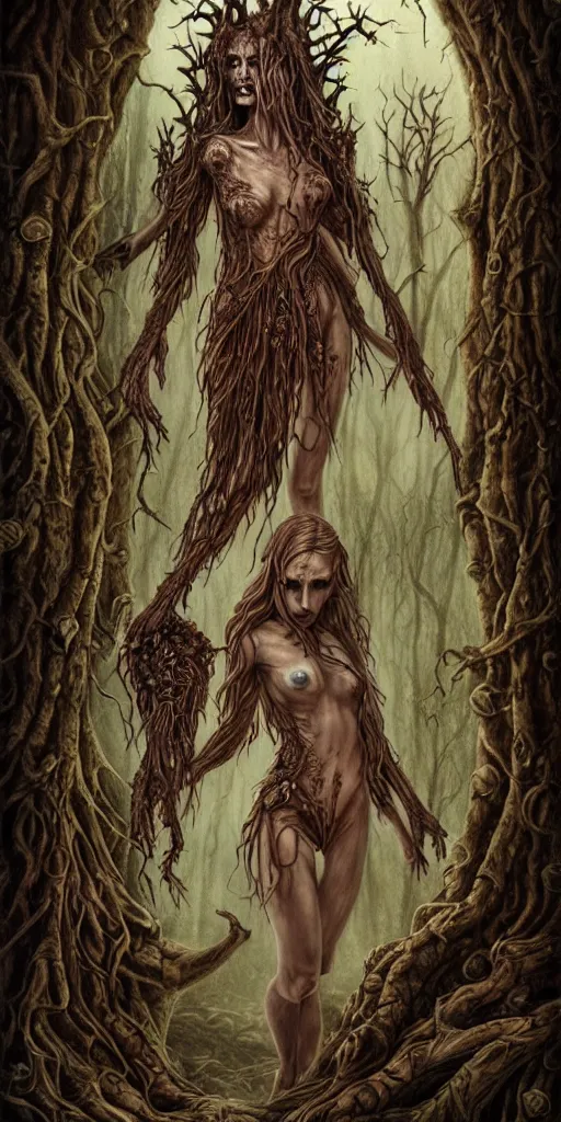 Prompt: dryads, bark skin, detailed fantasy art, dark blood horror, forest of the dead, foul spirits