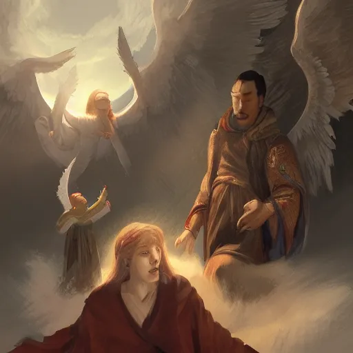 Image similar to angels protecting a praying man, by JeeHyung lee, Trending on artstation, deviantart