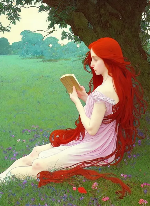 Image similar to pretty young woman resembling alicia vikander with long red hair, reading a book under a tree, path traced, highly detailed, high quality, digital painting, by studio ghibli and alphonse mucha, leesha hannigan, hidari, art nouveau, chiho aoshima, jules bastien - lepage