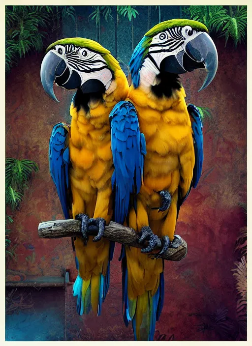 Image similar to An epic fantastic realism comic book style painting of the most beautiful macaw parrots, bouquets, Shamanic Mask, fisheye lens, unreal 5, DAZ, hyperrealistic, octane render, dynamic lighting