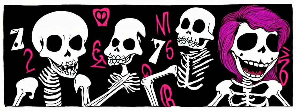 Prompt: ska skeleton and girlfriend, 8 0 s checkerboard 6 6 6, digital art, chalk, ultra detailed by tara mcpherson and gary houston, 5 0 mm