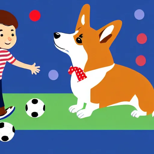 Image similar to illustration of french boy playing football with a corgi wearing a polkadot scarf in front of the eiffel tower