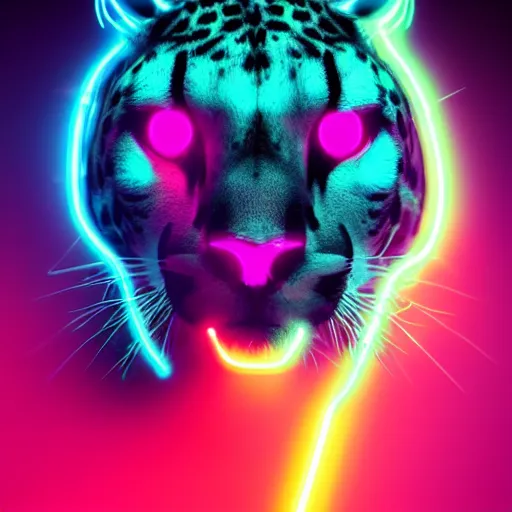Prompt: a black cybernetic cheetah with neon blue and neon pink spots, octane render, trending on artstation, digital art, 4k, high detail, cinematic, cinematic lighting, high detail, realistic, fantasy,