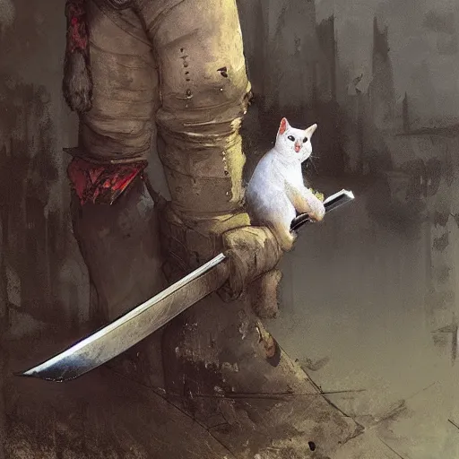 Image similar to a cat holding a sword by jakub rozalski