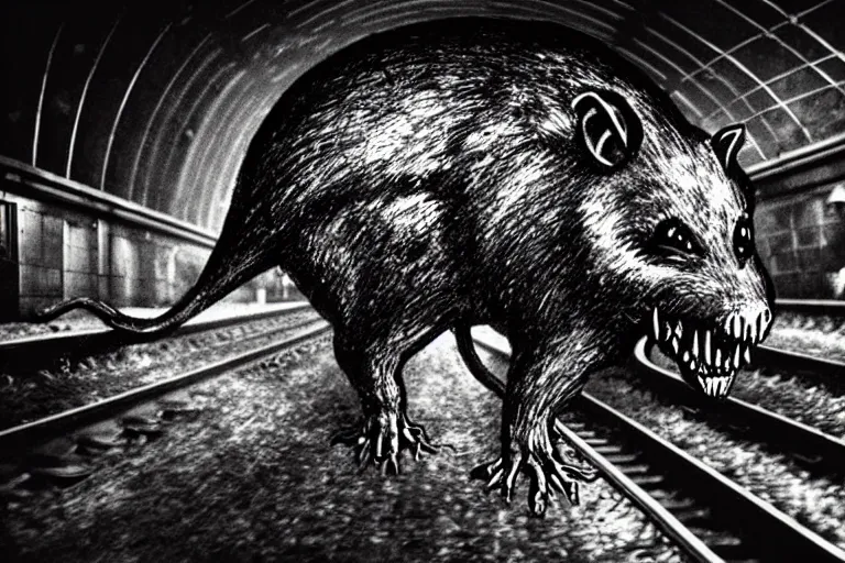 Image similar to very large giant mutant zombie irradiated angry rat sraying on railways in tonnel of moscow subway. extreme high detail. low dark light, scary atmosphere.