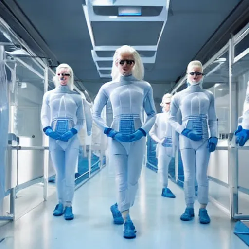 Image similar to troop of identical athletic humans with white hair wearing tight light blue neopren suits, in formation, futuristic chemistry lab, sci - fi, highly detailed, hyperrealistic