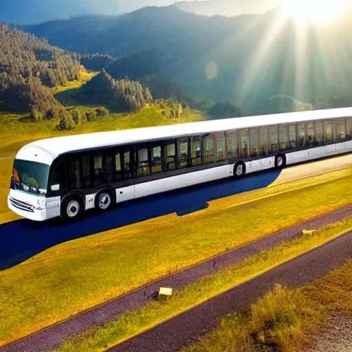 Prompt: very creative livery on big commercial bus on misty highway scene, the sun shining through the moutains